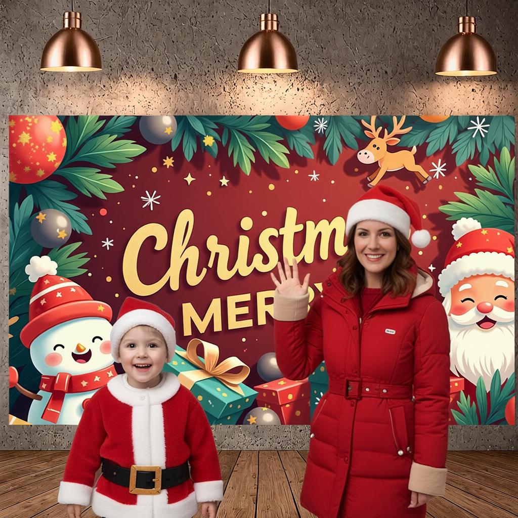 Holiday Celebration Banner Snowman Design Santa Claus Backdrop Christmas Banner Green Pine Branches Christmas Decor Banner