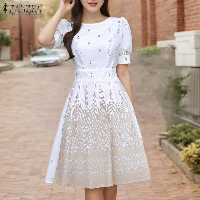 ZANZEA Women Casual Round Neck Summer Short Sleeve Print Dress