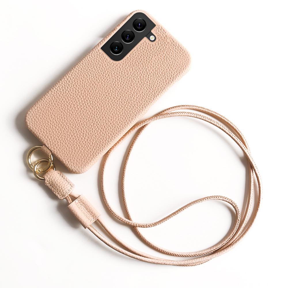 For Samsung Galaxy S22 5G Case with Lanyard Genuine Cow Leather PC Phone Back Cover