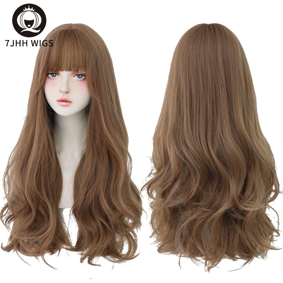 7jhh Wigs Popular Brown Ash Long Deep Wave Hair Lolita Wigs With Bangs Synthetic Wig For Women Fashion Thick Curls Wigs Girl