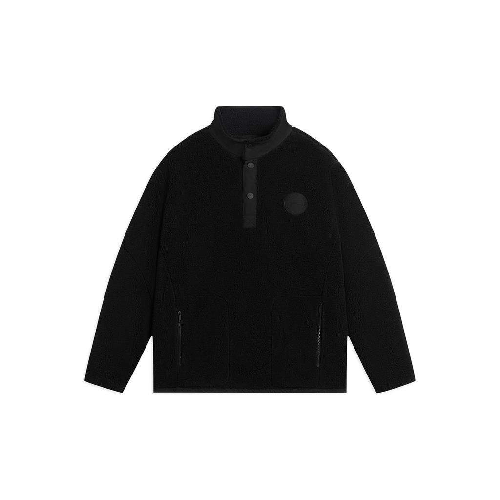 Li-Ning Solid Pattern Logo Stand Collar Long Sleeve Fleece Sweater Unisex Tops Black AAES939-2