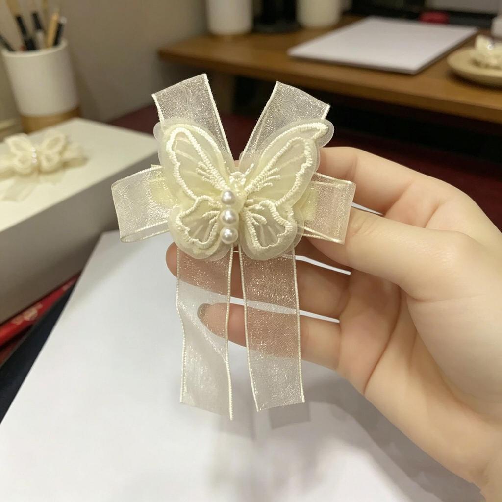 White Mesh Butterfly Pearl Hair Clip - Women's Duckbill Hairpin Bow Accessory