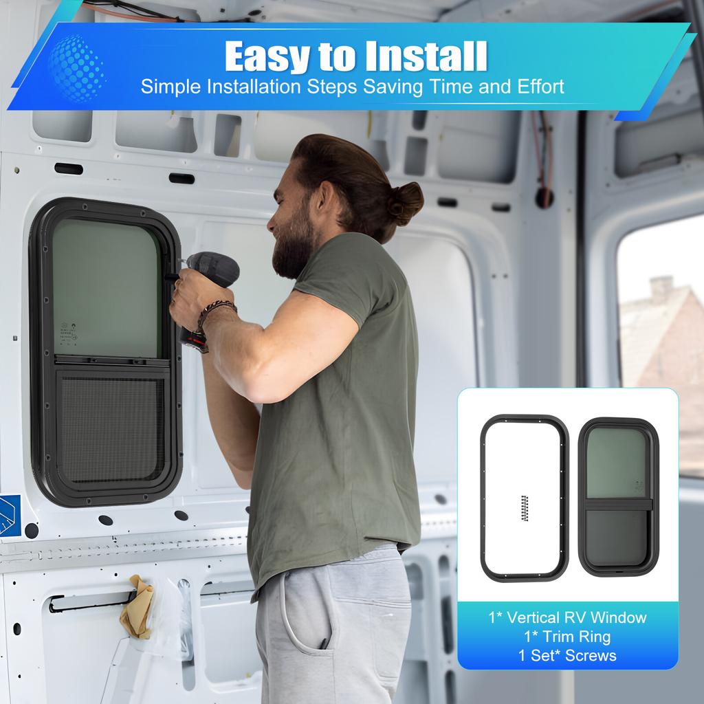 Vertical Sliding Black RV Window 12x22 inch Aluminum Frame with Insect Screen for Camper Trailer