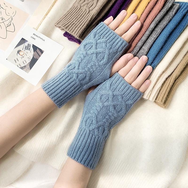 DX Knitted Half-cut Gloves Female Cute Winter Dew Finger Half-finger Gloves Student Male and Female Couples Wool Gloves