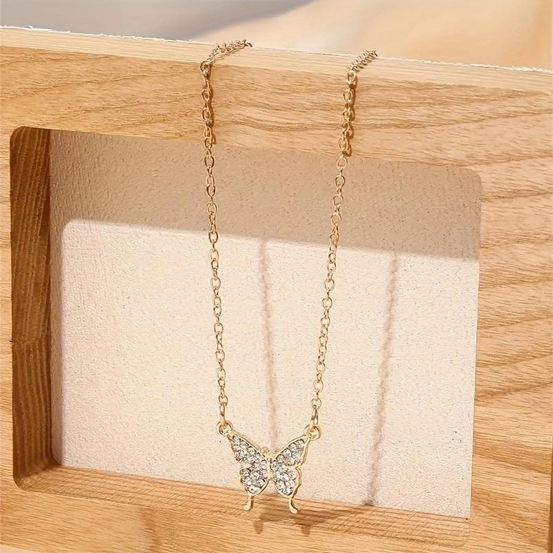 Elegant Rhinestone Butterfly Pendant Necklace Simple Thin Metal Chain Choker Necklace Women's Trendy Party Neck Zircon