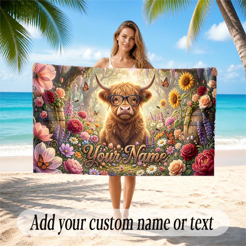 Highland Cow Theme Quick Dry Beach Towel Custom Name Text Print Large Sand Resistant Towel Beach Vacation