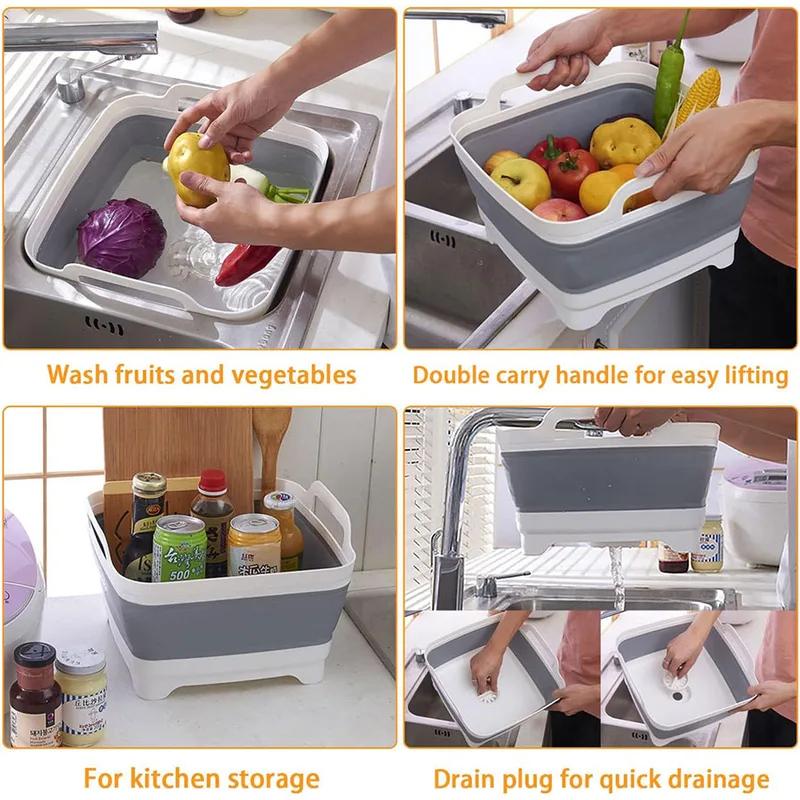 Collapsible Portable Plastic Vegetable Wash Basin with Drain Plug for Dish Storage Vegetable and Fruit Washing Chill Bucket