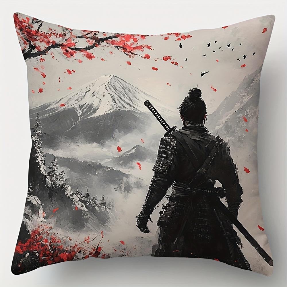 4-teiliges bedrucktes Kissenbezug-Set – Thema Japanische Kultur (Samurai, Kirschblüten, Berg. Fuji & Torii-Tor)
