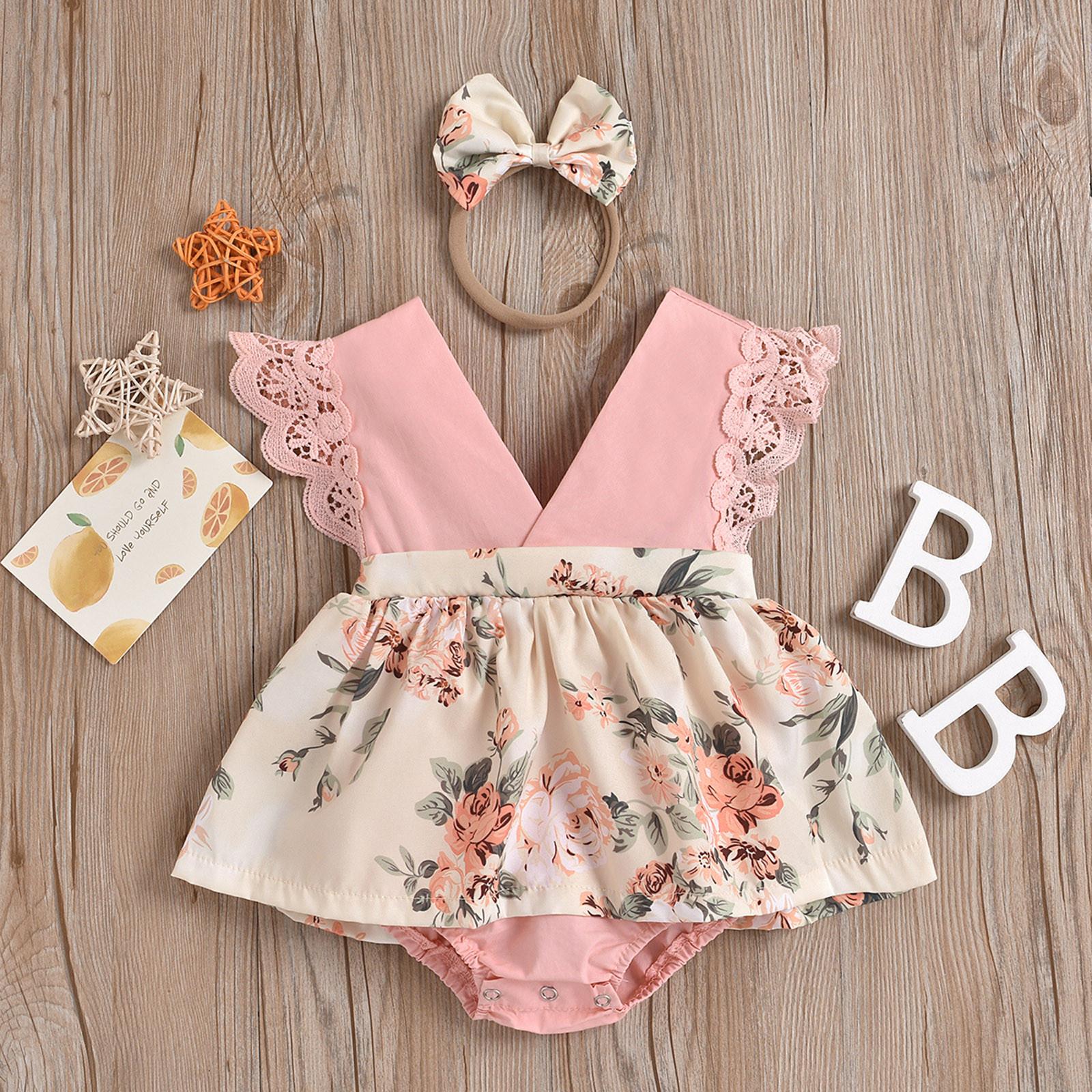 

Baby Girls Floral Romper Dress Newborn Outfits With Headband 0-24 Months 80 розовый
