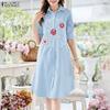 ZANZEA Women Floral Print Casual Turn Down Collar 3/4 Sleeve Stripe Shirt Dress