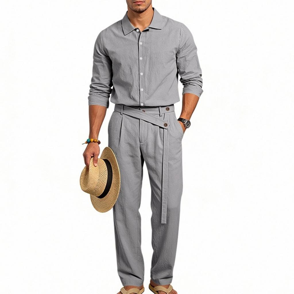 Men's Casual Linen Long Sleeve Shirt and Pants Set Two Piece Outfit for Summer Everyday Wear