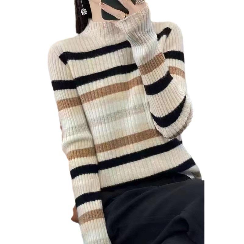 Autumn and winter new semi-turtleneck striped knitted sweater pullover female slim slim slim bottom women's sweater striped