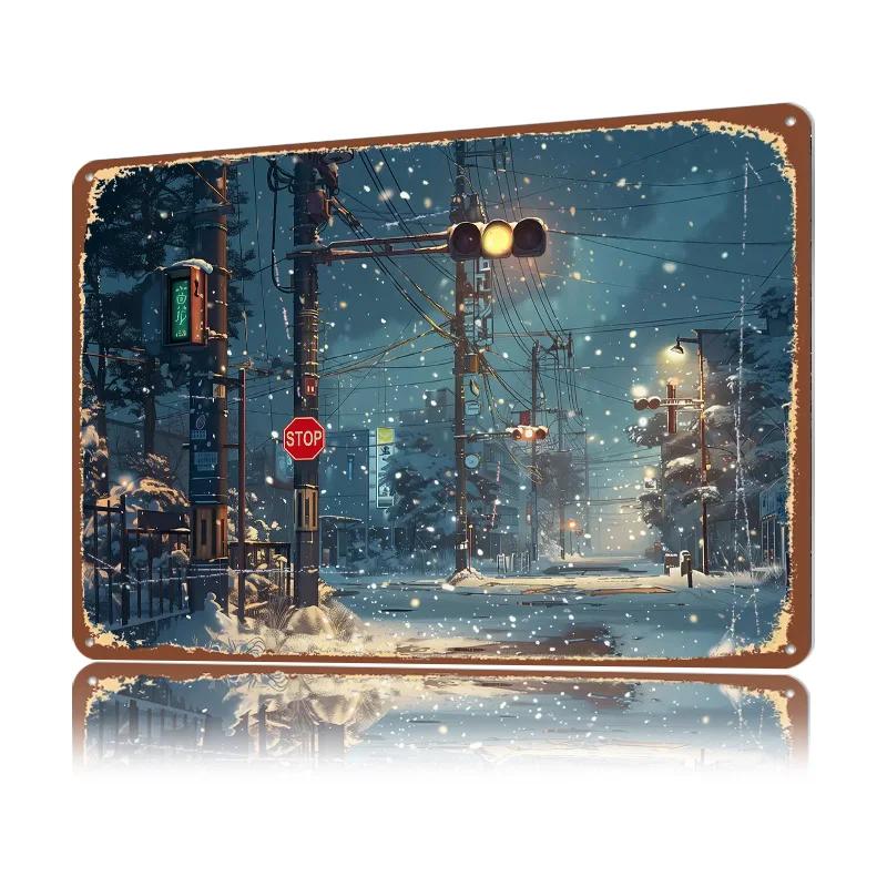 Schneenacht Straße D Textur Gedrucktes Poster Benutzerdefiniertes Vintage Metallblechschild für Wandkunst Bürodekoration Gaming Wanddeko