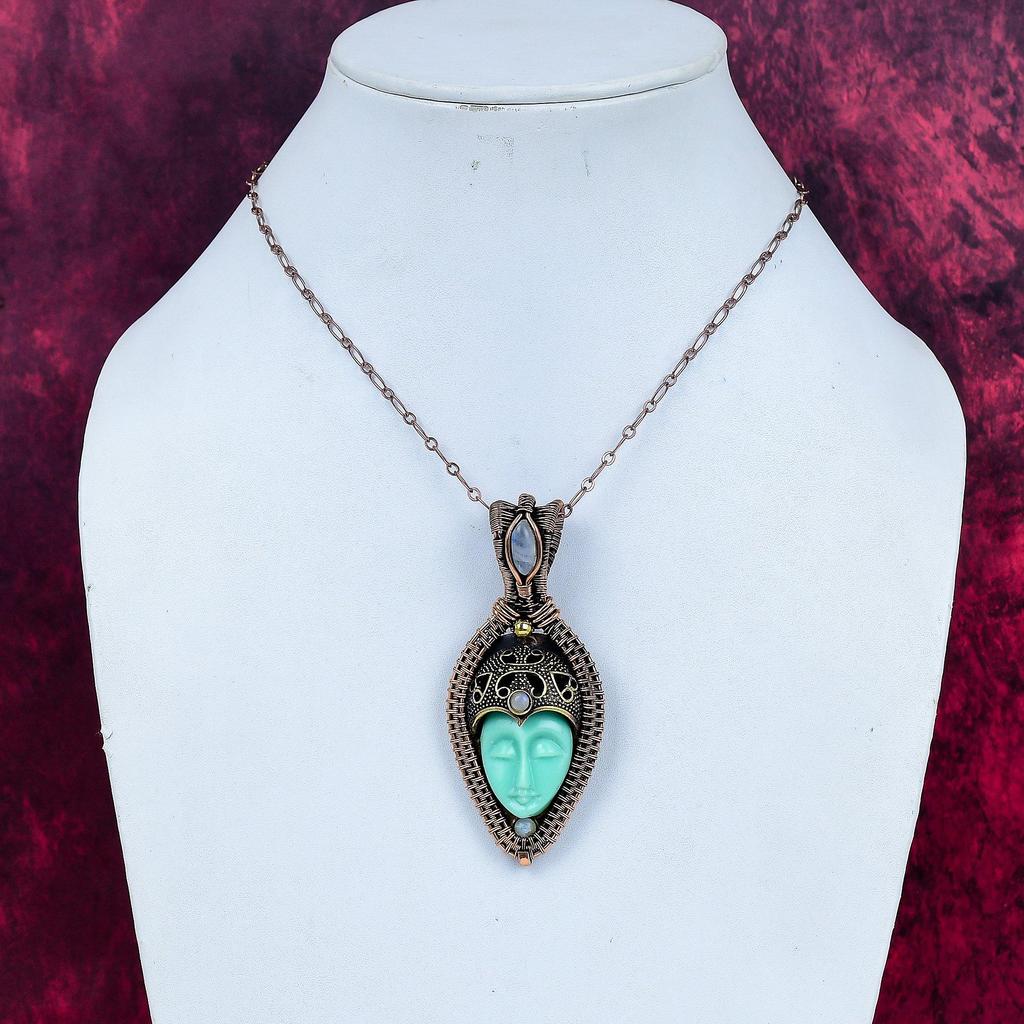 Green Carved Bone Face Pendant Copper Wire Wrapped Rainbow Moonstone Jewelry