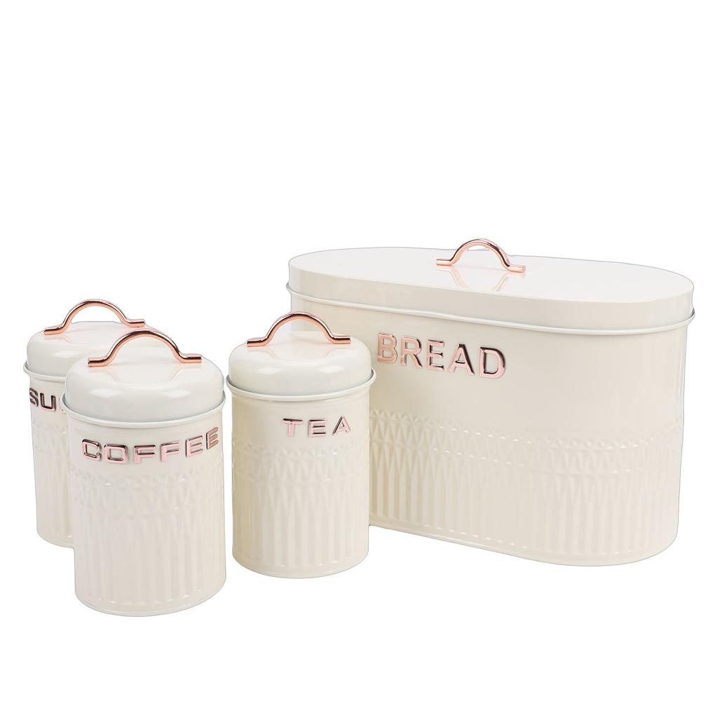 Set da 4 pezzi: Porta pane e barattoli in ferro per cucina, Caffè, Tè, Zucchero, Porta pane in metallo per piano di lavoro