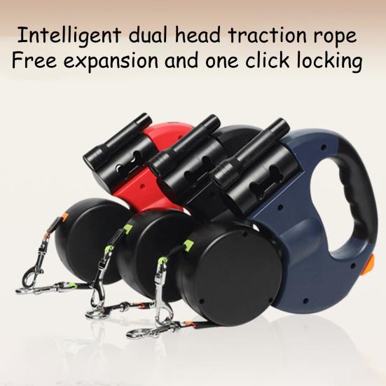 Podwójna smycz automatyczna dla psa, wytrzymała, z podwójną głowicą, obracana o 360 stopni i ze światłem LED dla psów małych, średnich i dużych