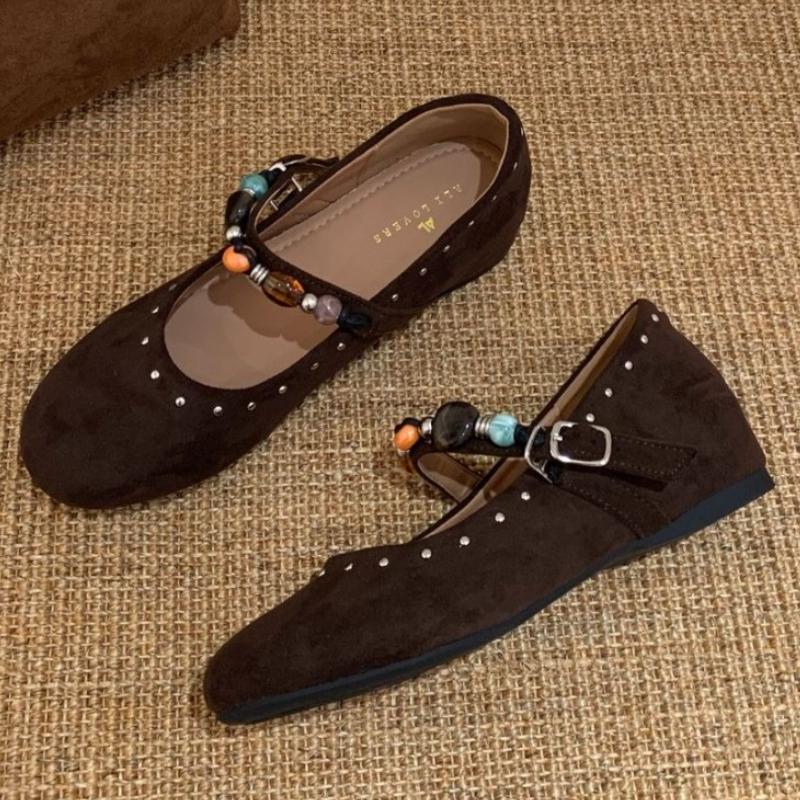 

Модные ретро балетки из искусственной замши женские роскошные туфли дизайнера с украшением из драгоценных камней и металлических заклепок, удобные туфли Мэри Джейн с мелким вырезом и круглым носком 39 темные хаки