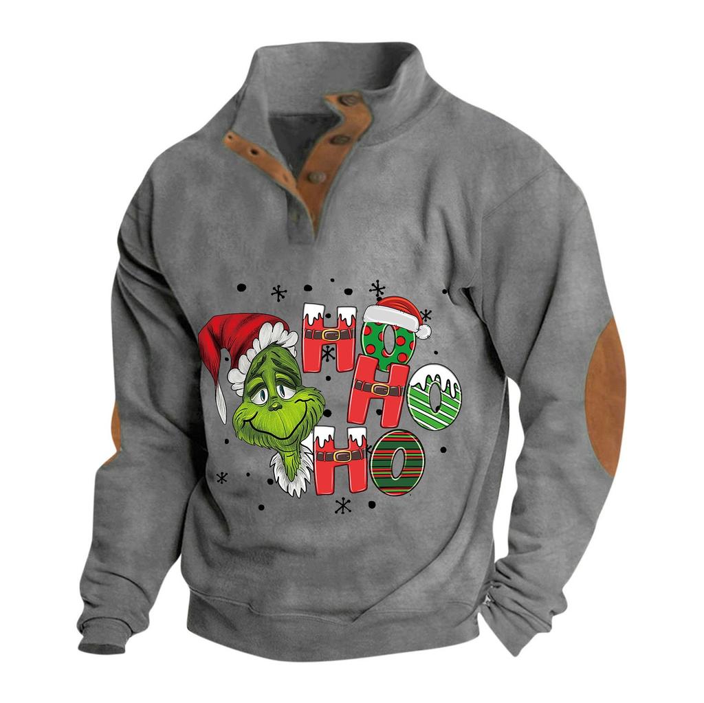 Men's Casual Fashion Christmas Printed Hoodless Sweatshirt Wide Men's Loose Button Stand Collar Hooded Sweatshirt