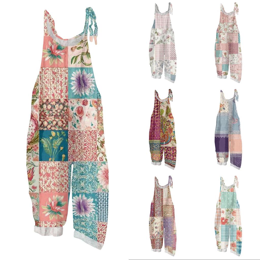 Women's Jumpsuit Print Casual Loose Vintage Shoulder Strap Cotton Linen