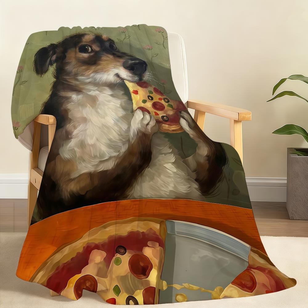 Funny Cute Puppy Eating Pizza Vintage Animal Blanket For Soft Throw Blanket for Picnic Bed Sofa Home Bedroom CozyWarmComfortable