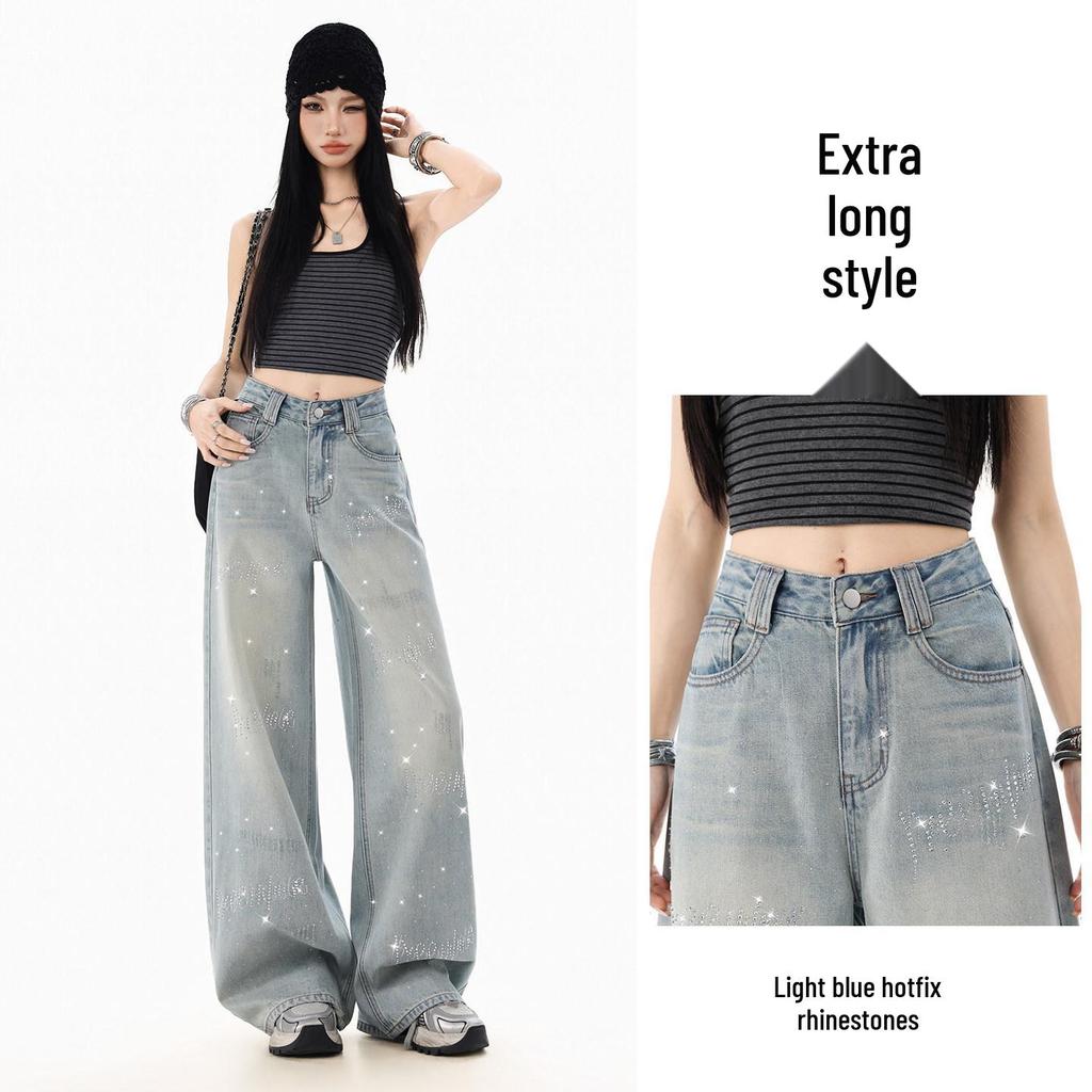 Women's Rhinestone Star Wide Leg Jeans - 2026 Spring/Autumn, Loose & Flattering Floor-Length Pants