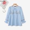 Women Floral Print Casual Round Neck Long Sleeve Loose Blouse