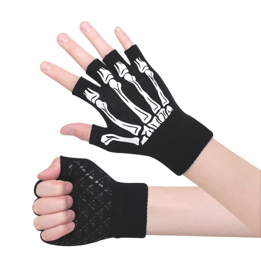 

Black Punk Skeleton Gloves Stretch Skull Half Finger Gloves Winter Season Style 1