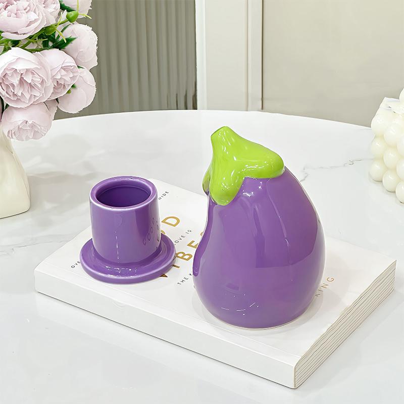 Cute Eggplant Toothpick Holder Ceramic Floss Box Desktop Decoration