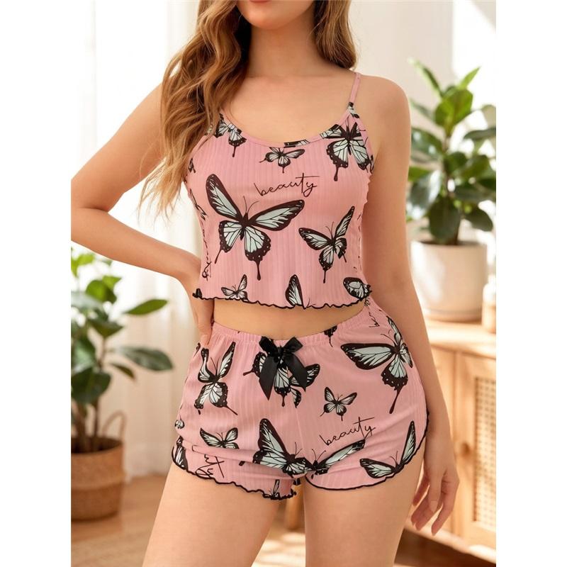 Women's Butterfly Print 2-Piece Loungewear Cami Top & Shorts Pajama Set Soft Milk Silk Sleepwear