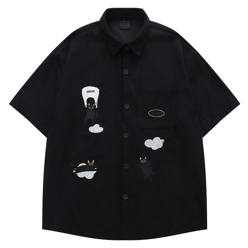 Clothing Life Cat Embroidery Corduroy Striped Short Sleeve Shirt Men's Couple American Vintage Vintage Top