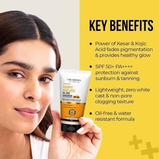 Dr. Sheth's Kesar & Kojic Acid Oil-Free Sunscreen SPF 50+, PA++++ | Reduces Pigmentation & Provides Healthy Glow | No White Cast | 50g