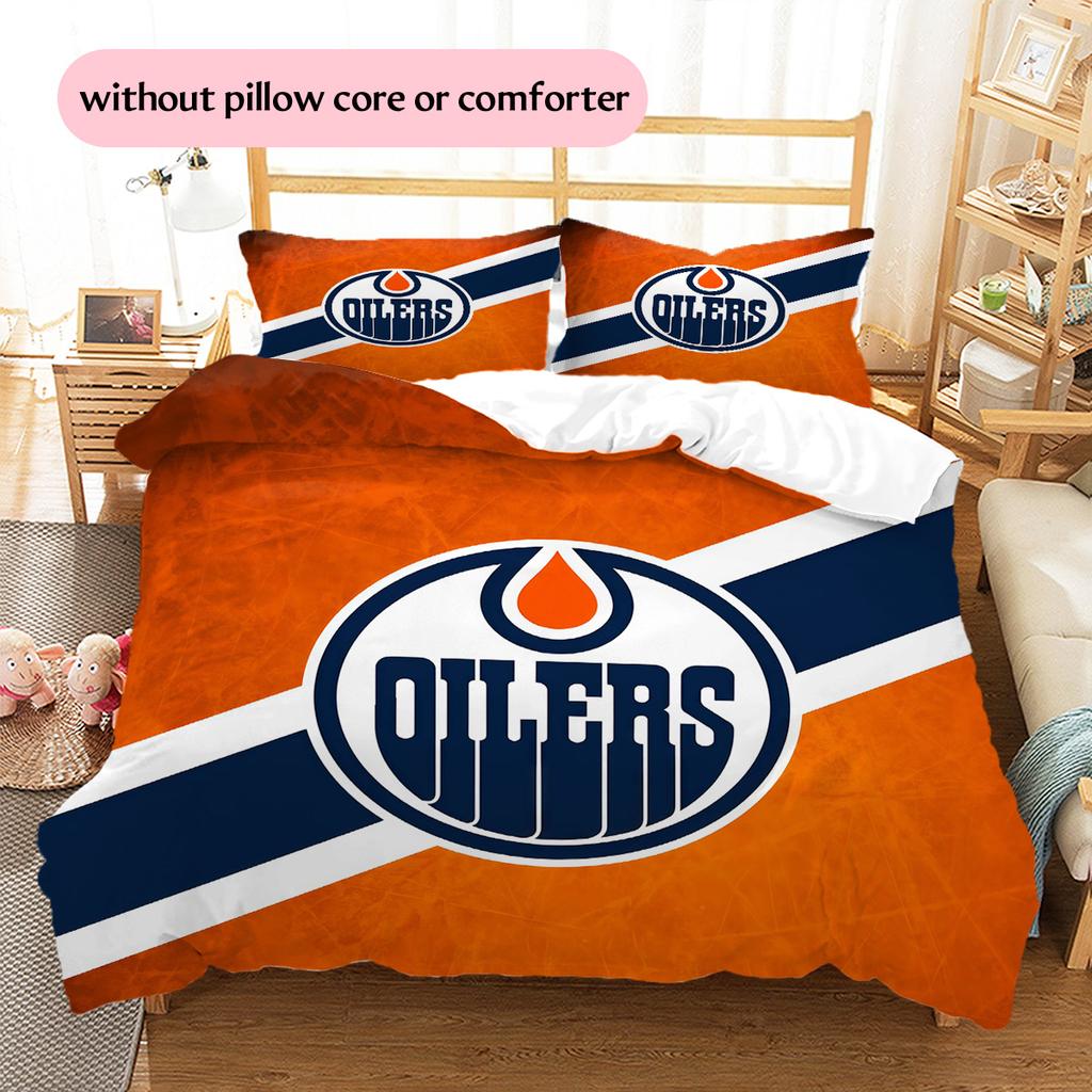 Edmonton Oilers Pattern Bedding Quilt Set  Home Decoration  Gift (1 * Duvet Cover + 2 * Pillowcase  Without Core)
