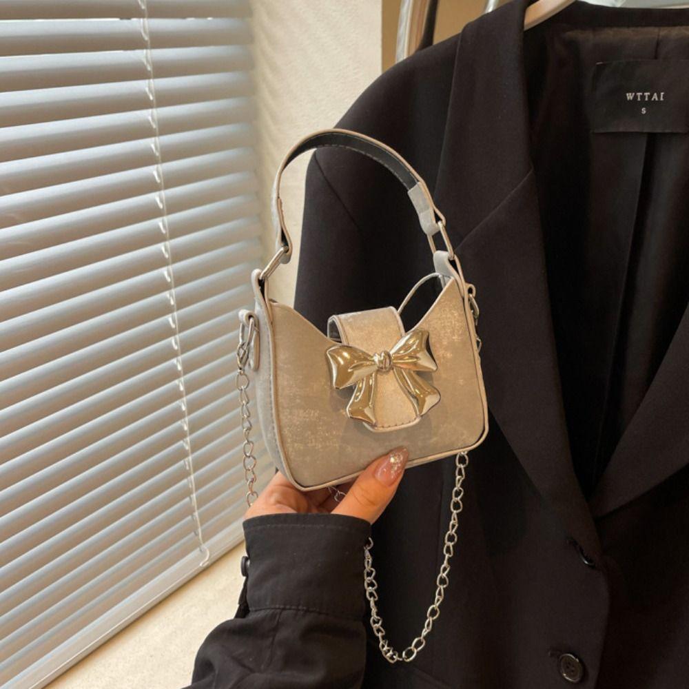 Pu Leather Bow Buckle PU Bag Mini Women's Shoulder Bag Simple Silver Bucket Bag  Makeup Bag