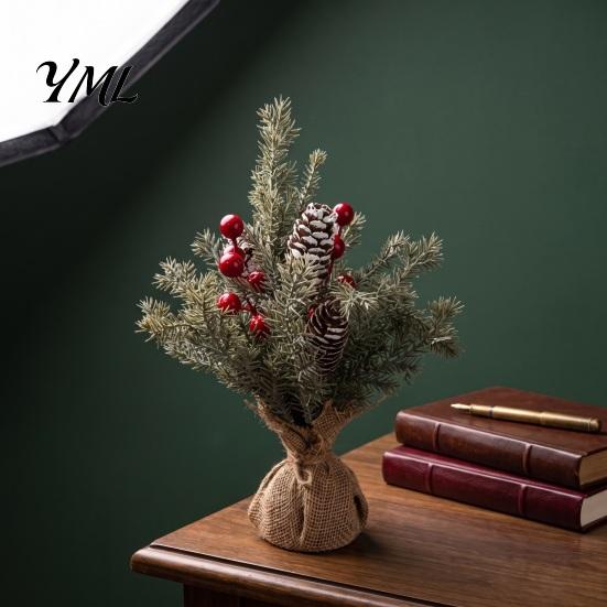 Miniature Tree for Office Desktop Christmas with Red Berries, Artificial Mini Pine Burlap Base, Tabletop Faux Small Potted Holiday Party Home