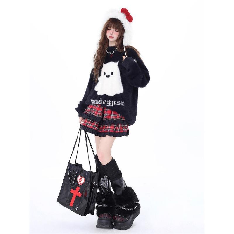 Ghost Pattern Red Women's Sweater Christmas Oversized Round Neck Knitted Shirt Loose Winter Fashion Woman Long Sleeved Top