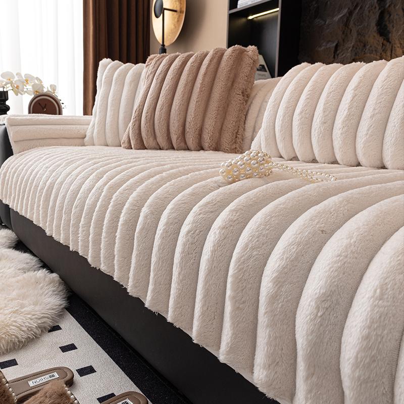 Winter Living Room Non-slip Warm Thick Striped Plush Cushion Couch Sofa Covers Slipcover Funda Sofa Mat