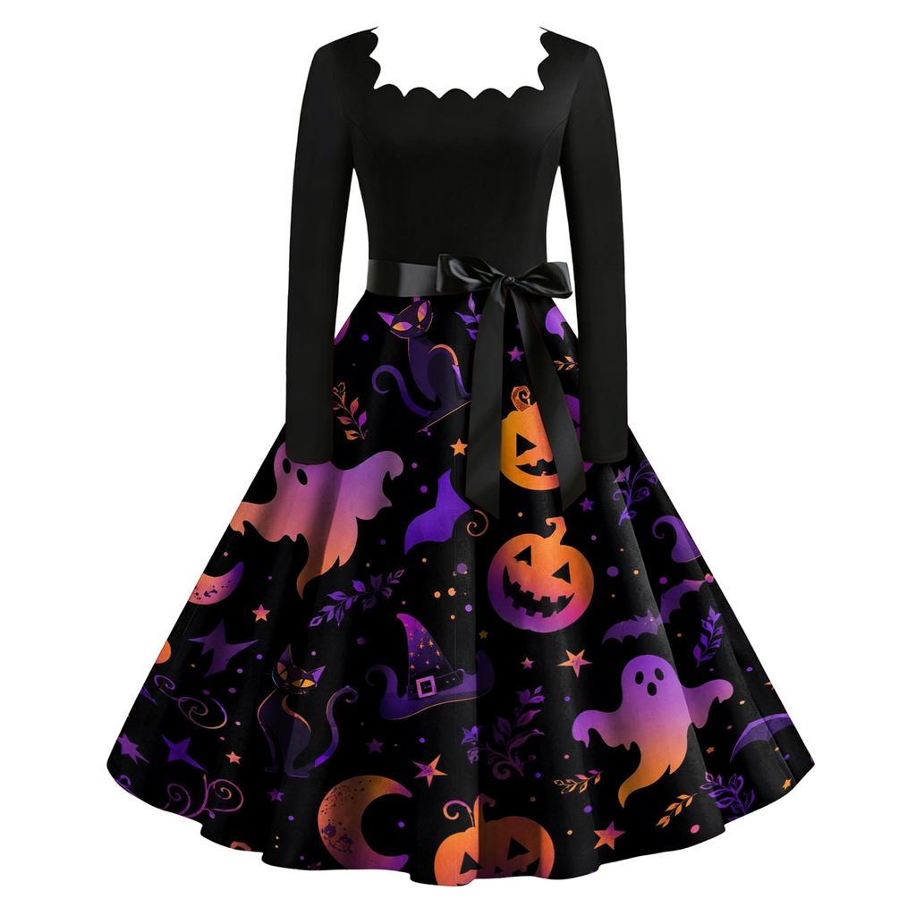 Women Vintage Long Sleeve Square Neck Halloween Print Party Dress Retro Style Full Skirt with Waist Tie Belt