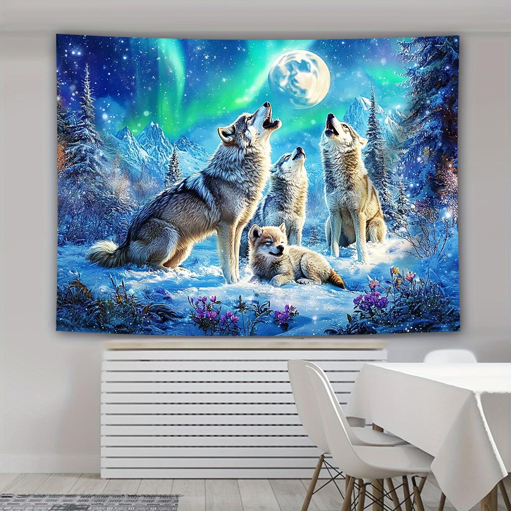2D Flachdruck Eis Schnee Wölfe Wandteppich Lebendiges Muster Wandbehang für Heimdekoration Perfekt als Geburtstagsgeschenk Party Deko