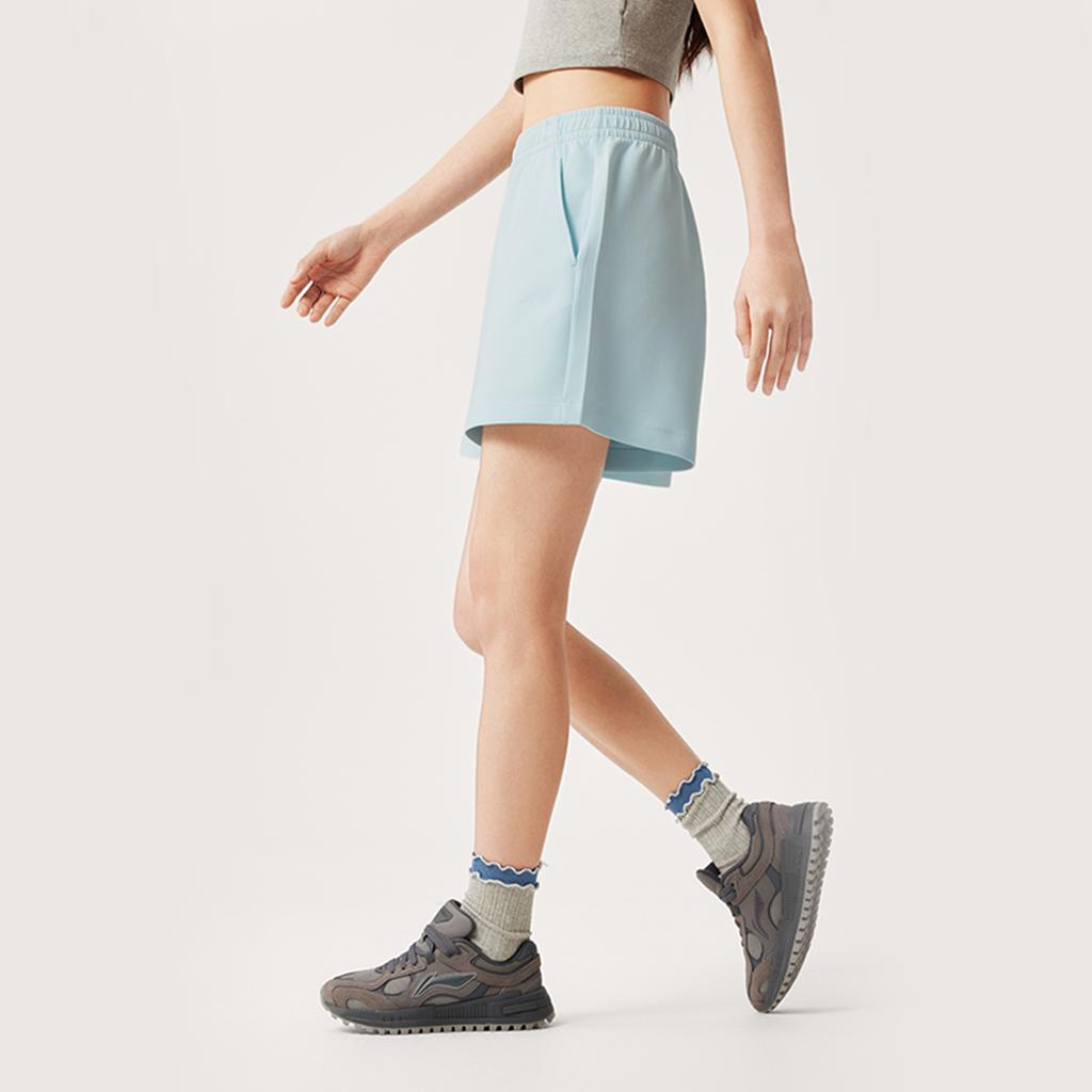 Li Ning Sports Trend Series Solid Color Mid Waist Breathable Versatile Straight Casual Shorts Women Shorts Light-Sky-Blue AKSV178-1