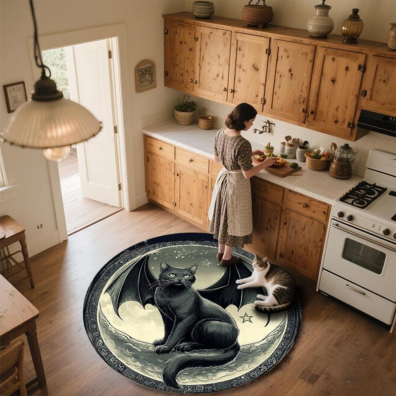 Winged Black Cat,Round Area Rug,Carpet Rug for Living Room Bedroom Sofa Playroom Decor,Non-slip Floor Mat