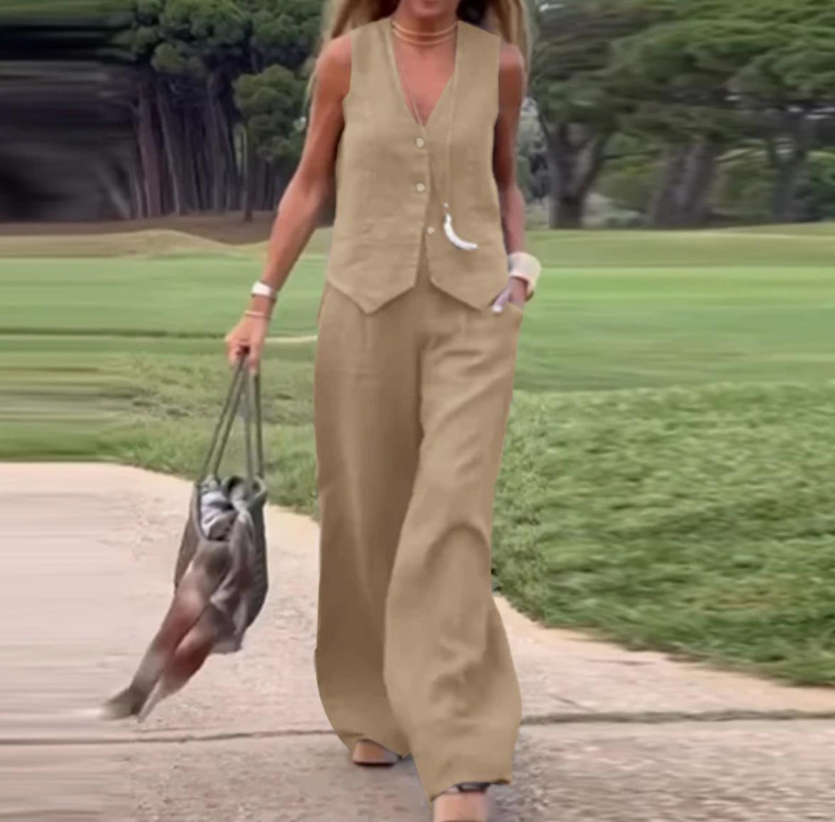 

Женский комплект без рукавов и брюки с широкими штанинами, повседневный костюм-двойка с сумкой, модная одежда для отдыха XS хаки