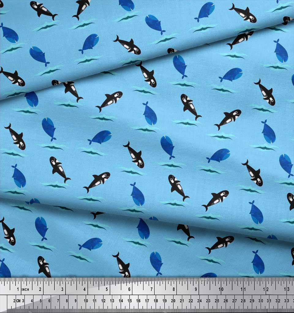 Soimoi Japan Crepe Satin Fabric Waves,Whale & Dolphin Ocean Decor Fabric Printed metre 42 Inch
