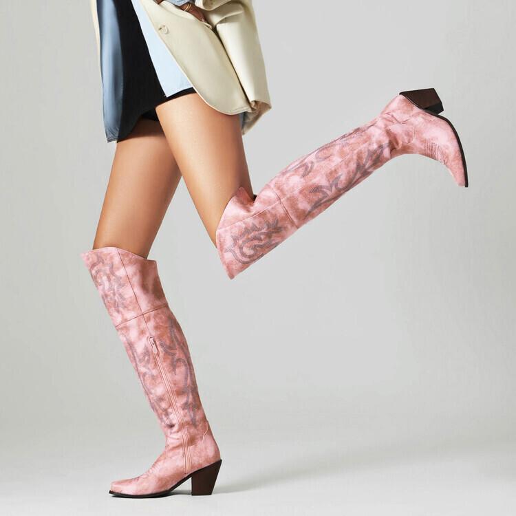 European and American new thick-heeled cowboy boots high-heeled knee-length fashion knight boots women's knee-embroidered western boots