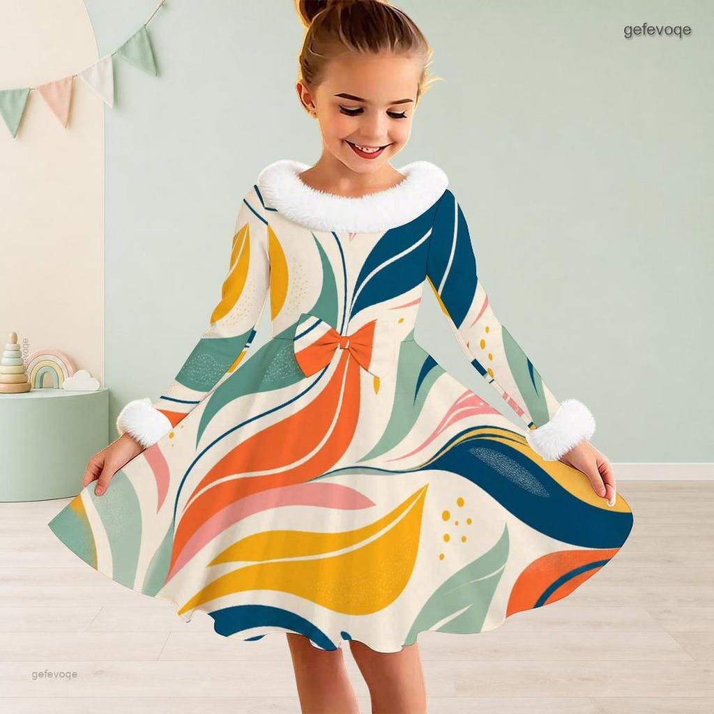 Girls Furry Trim High Neck Long Sleeve Printed Tie Waist A Line Flared Dress