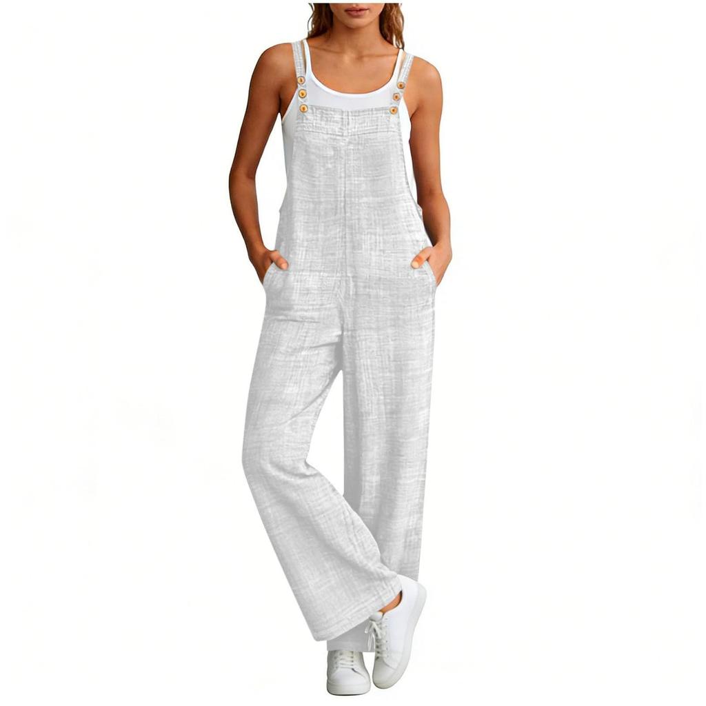 Women's Fashionable Suspender Wide Leg Loose Casual Suspender Pants With Pocket Buttons And Jumpsuit
