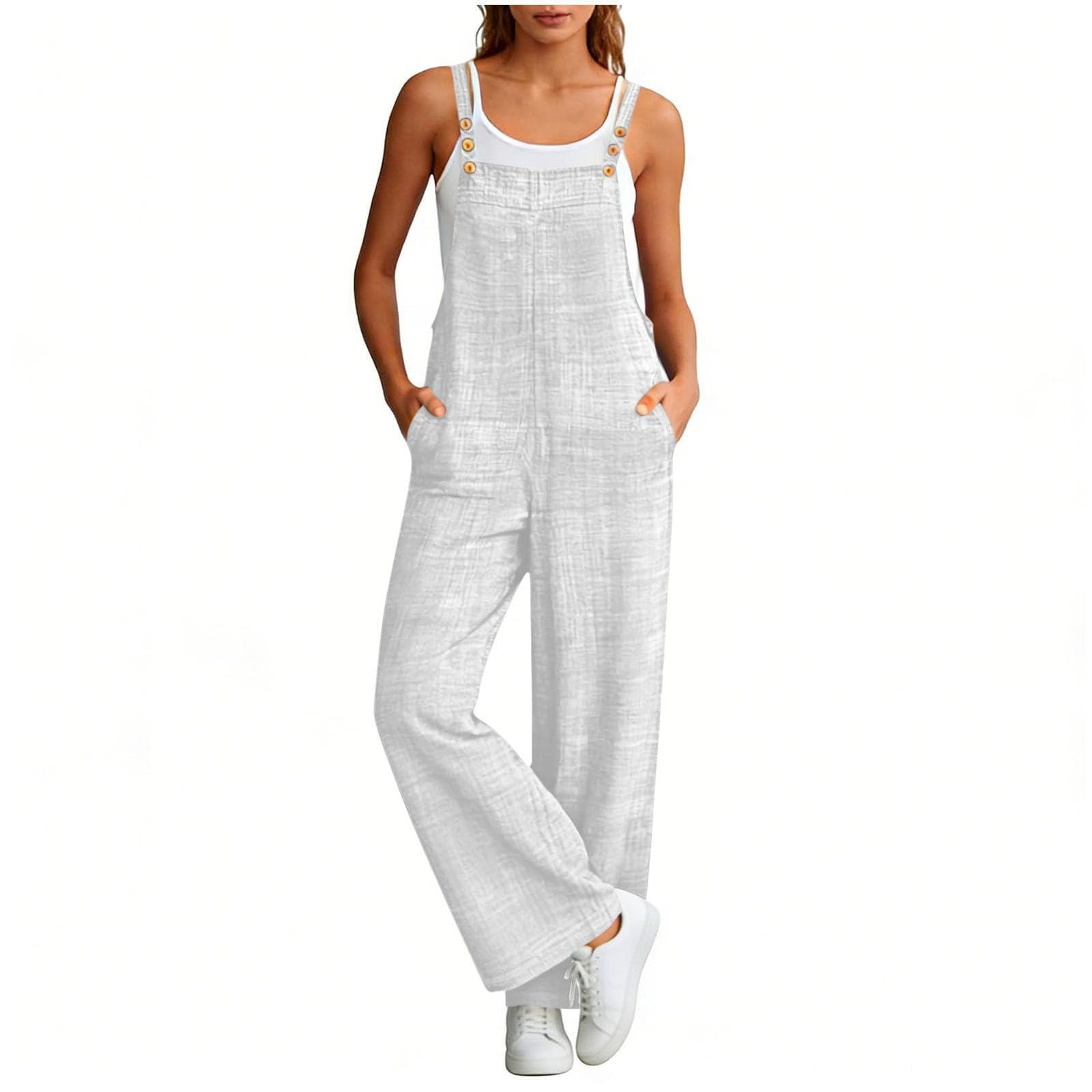 

Women s Fashionable Suspender Wide Leg Loose Casual Suspender Pants With Pocket Buttons And Jumpsuit L білий