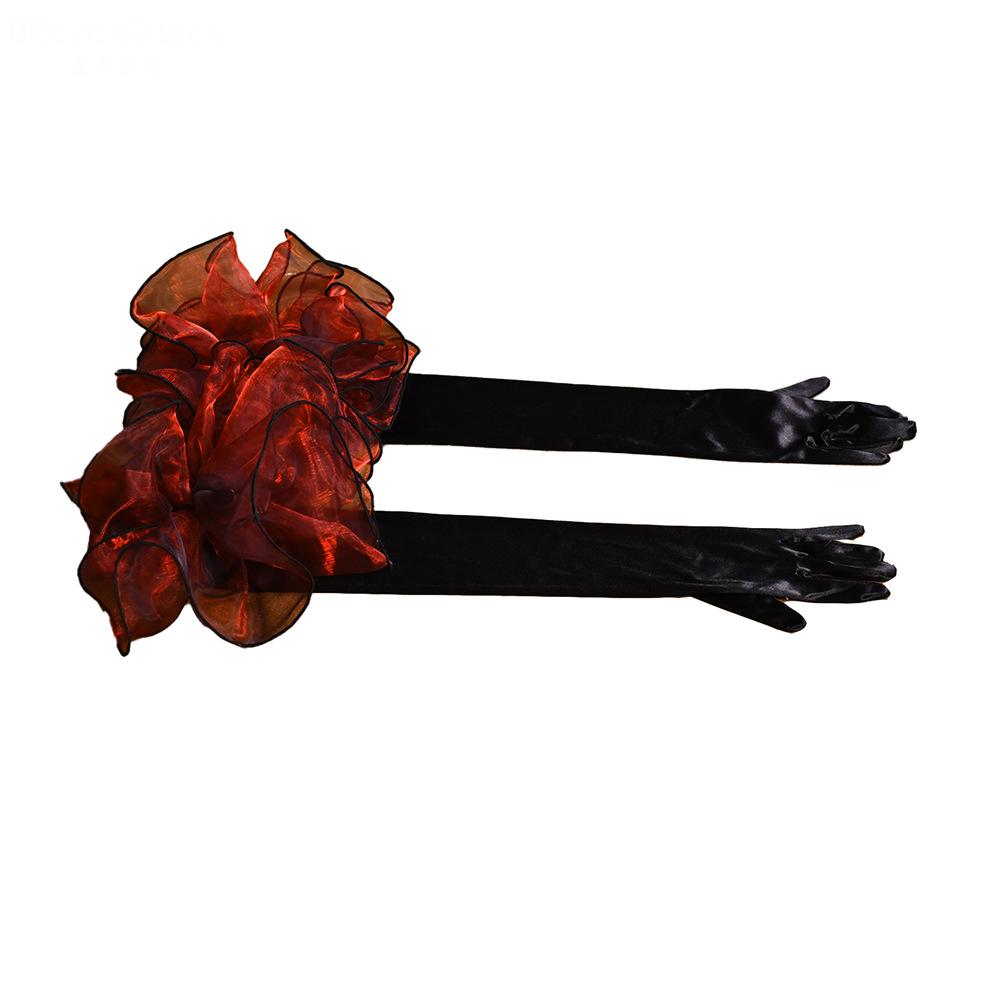 Long Satin Opera Gloves with Large Shimmer Red Organza Flower, Evening Party Formal Wedding Prom Photo Shoot Costume Arm Gloves