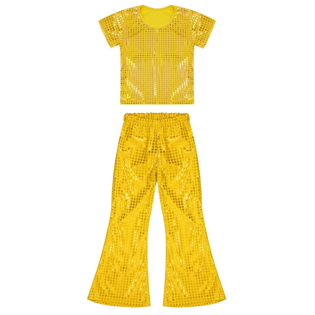 Kids Boys Girls Stage Performance Set Short Sleeve Round Neck Shiny Sequins Solid Color T-Shirt with Elastic Waistband Flared Pants