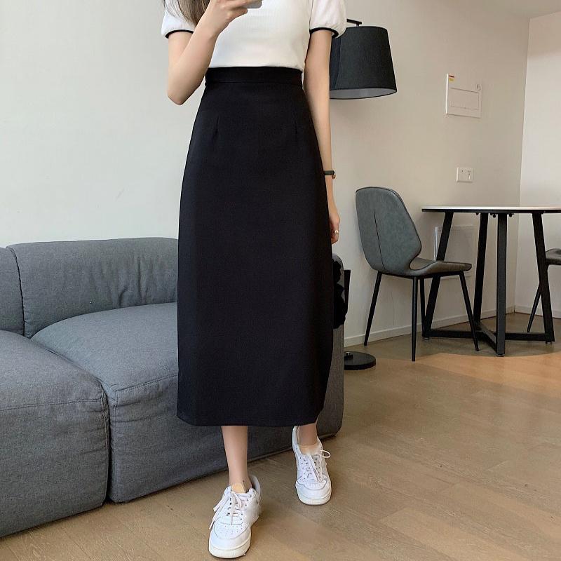 Saia Feminina Preta Cintura Alta Fenda Lateral Comprimento Midi Saia Feminina Elástica Slim Linha A Retrô Elegante Versátil Simples Moda