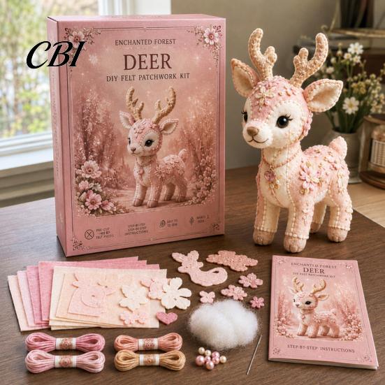 Handmade Gift Idea Pink Animals Patchwork Kit, DIY Felt Woodland Friends Sewing Project, 3D Cute Creative Hobby Kit Art Craft for Beginners Home Decor